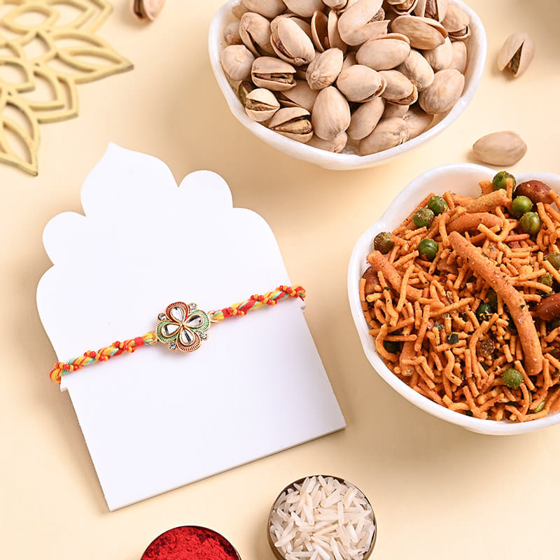 Floral Designer Rakhi With Pistachios N Bhujiya