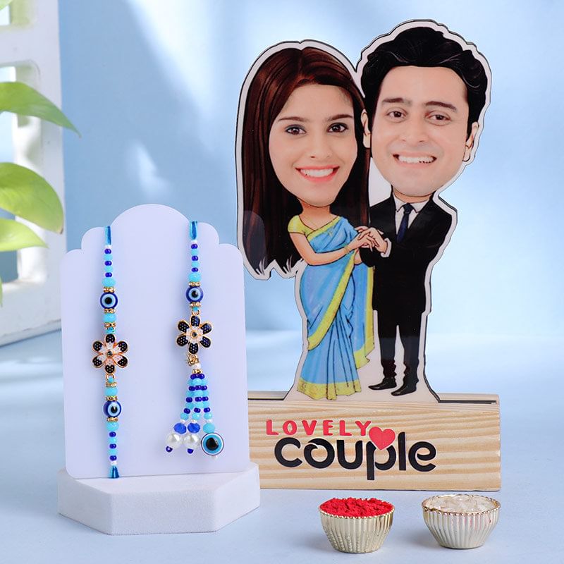 Floral Evil Eye Couple Rakhi With Caricature