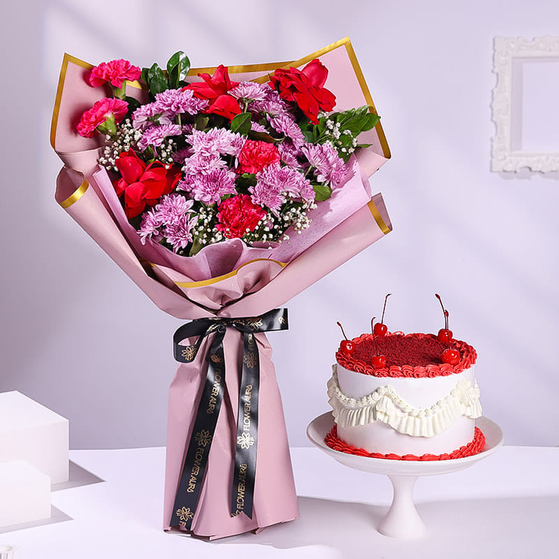 Floral Fiesta Bouqet N Red Velvet Cake