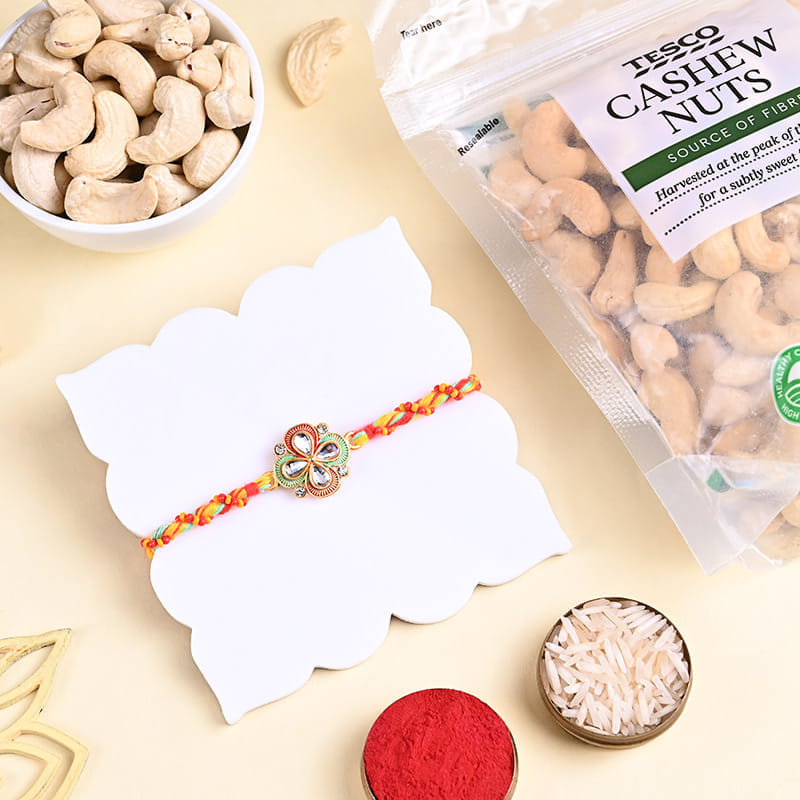 Floral Kundan Rakhi N Cashews Combo
