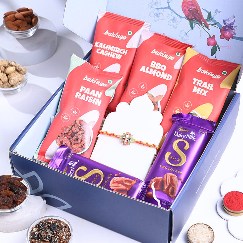Floral Kundan Rakhi N Festive Munchies Hamper