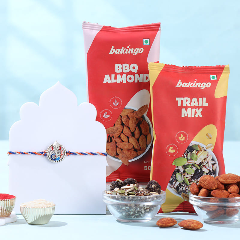 Silver Ganehsa Rakhi With Gourmet Snacks