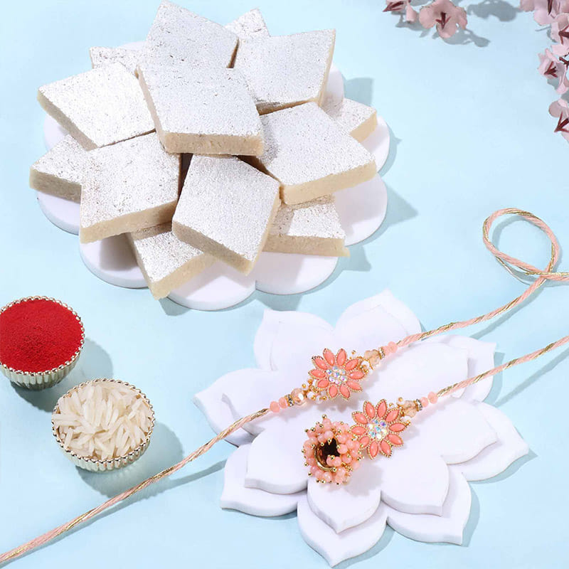 Floral Latkan Bhai Bhabhi Rakhi With Kaju Katli