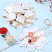 Floral Latkan Bhai Bhabhi Rakhi With Kaju Katli