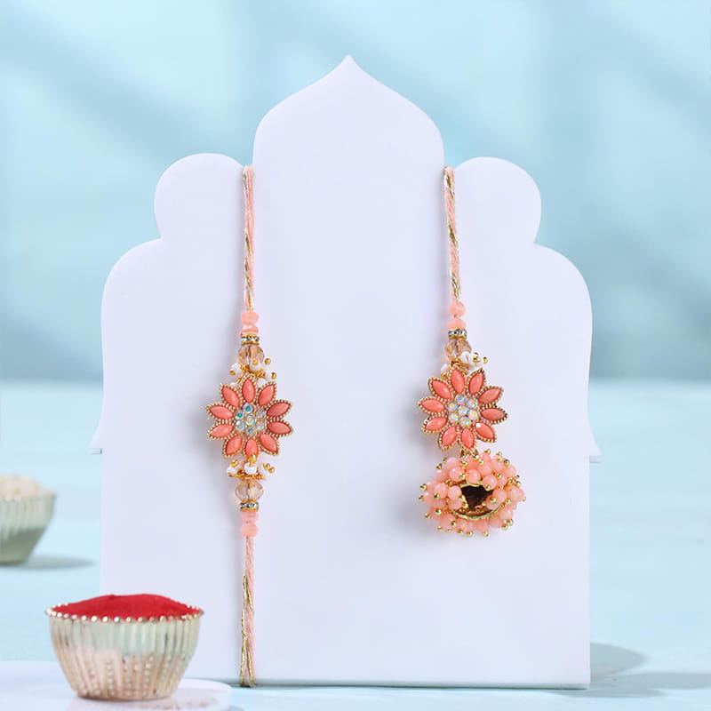 Floral Latkan Bhai Bhabhi Rakhi With Kaju Katli