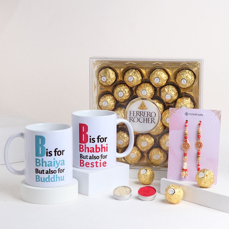 Set of 2 M Ceramic Mug with Bhaiya Bhabhi Rakhi and Rocher Chocolates