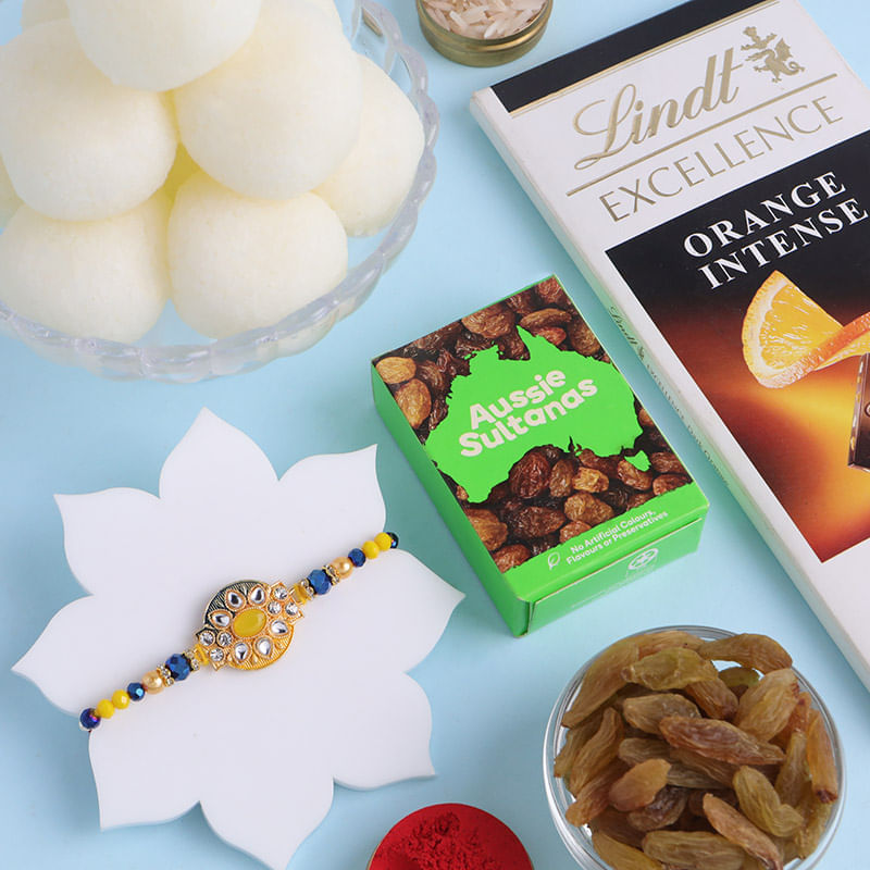 Floral Mirrorwork Rakhi With Sweet Bites