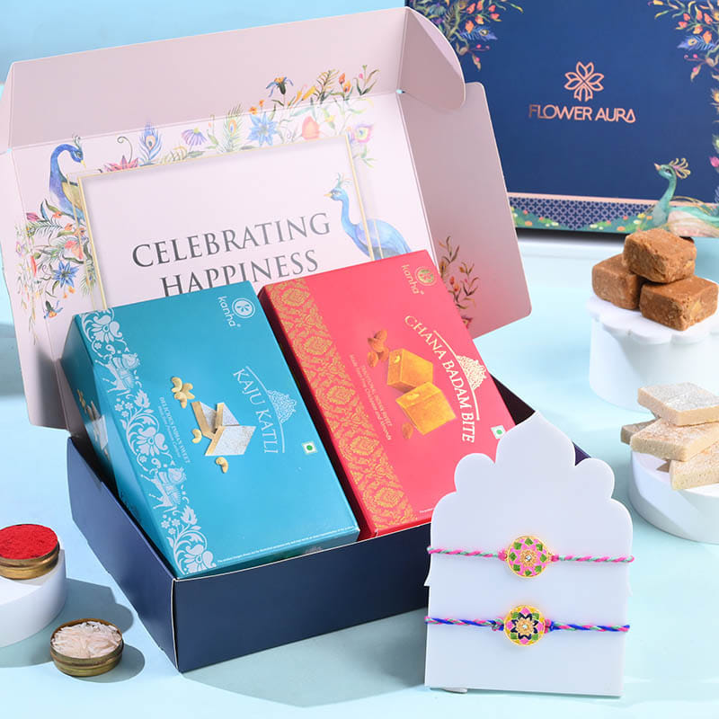 Floral Motif Rakhi Duo With Festive Sweets