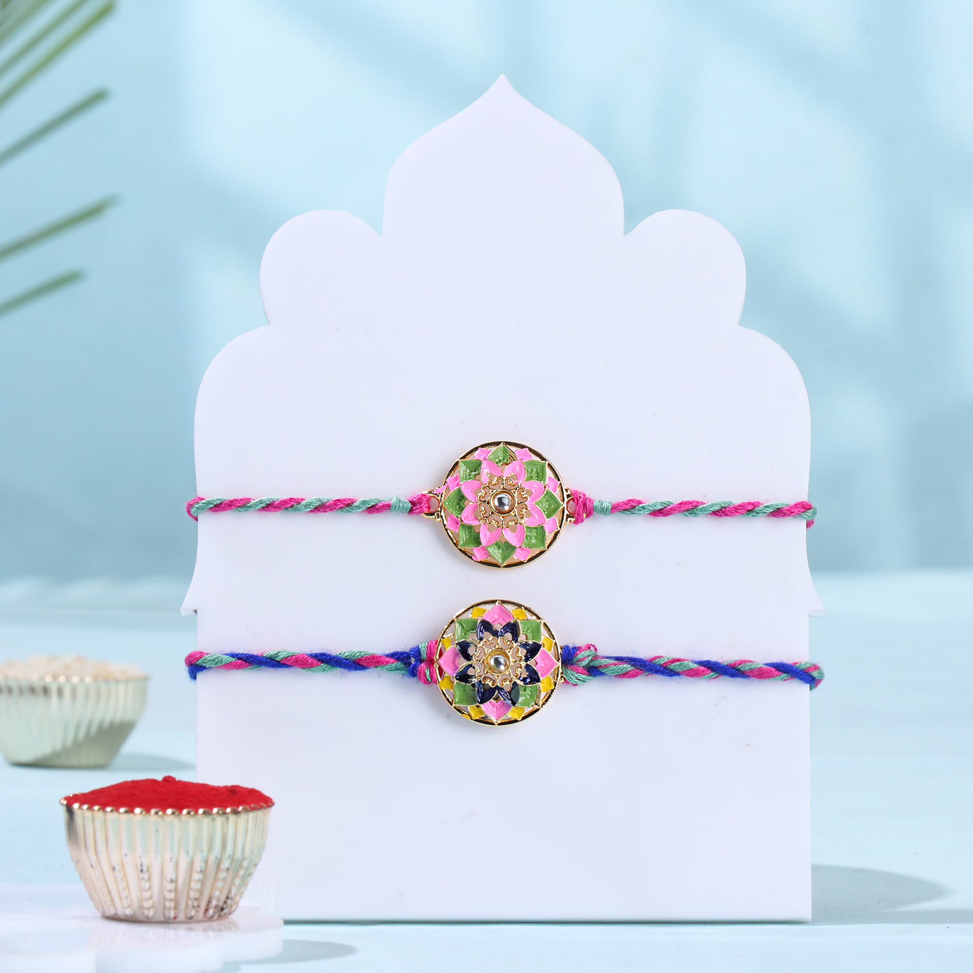 Floral Motif Rakhi Duo With Savoury Dryfruits