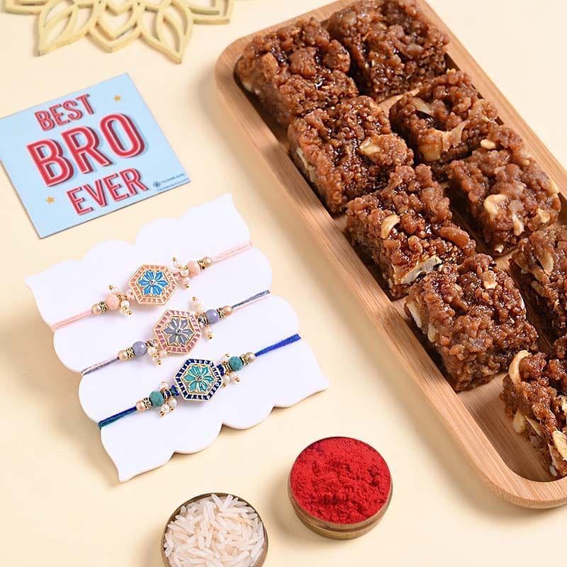 Three Floral Motif Rakhis With Dhoda Burfi