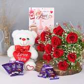 Floral Mushy Love Hamper:10 Red Roses, 5 Cadbury Dairy Milk Chocolate, 7 Inches White Teddy and Love Greeting Card