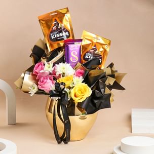 Floral N Chocolatey Elegance In Golden Ceramic Pot