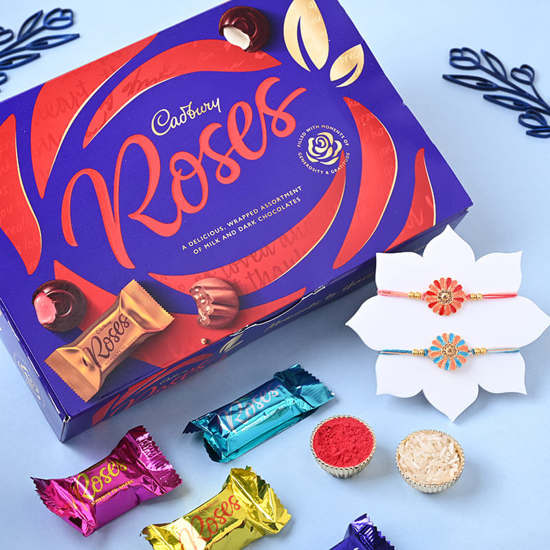 Set of 2 Floral Rakhi With Chocolate Box