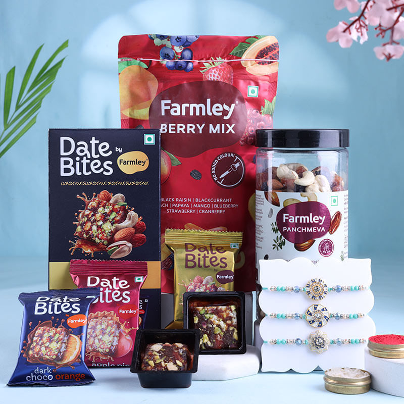 Floral Rakhi Trio N Delightful Treats Hamper