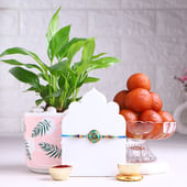 Floral Rakhi With Peace Lily Plant N Rasgullas