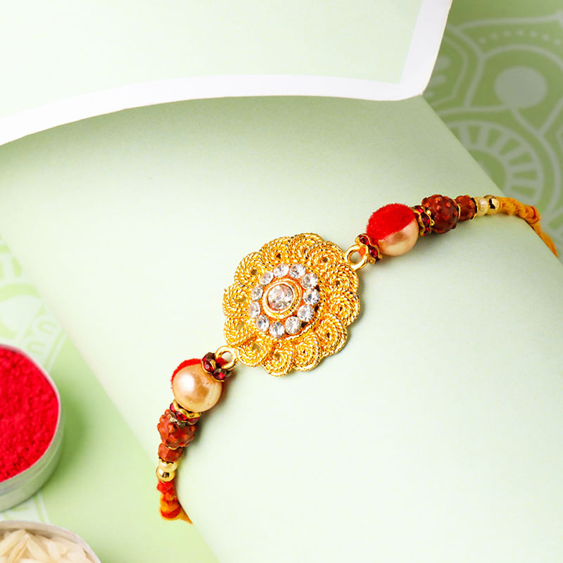 Order Stone Rakhi Online For Brother - Floral Rudraksha Mauli Rakhi
