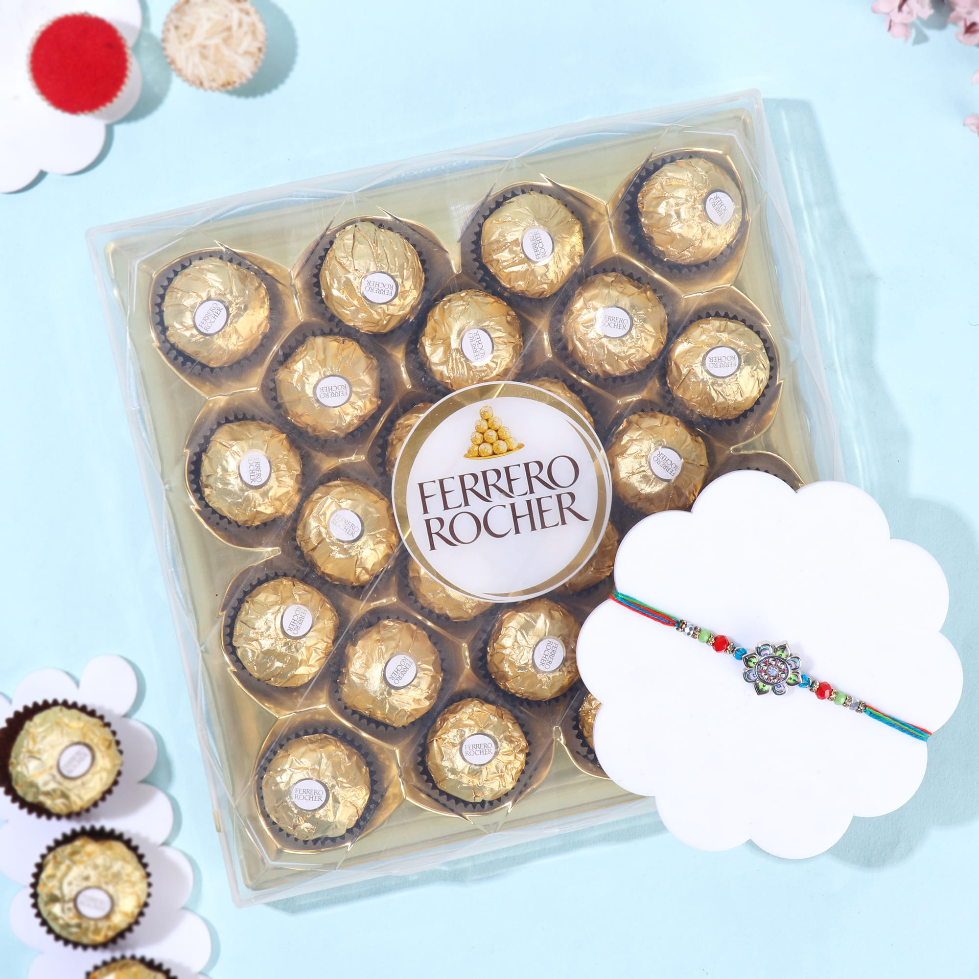 Floral Stone Rakhi With Ferrero Rocher