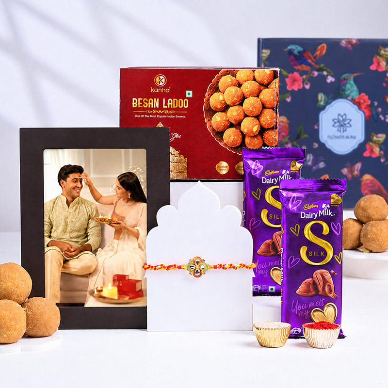 Floral Stone Rakhi with Sweet Treats and Photo Frame