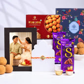 Floral Stone Rakhi with Sweet Treats and Photo Frame
