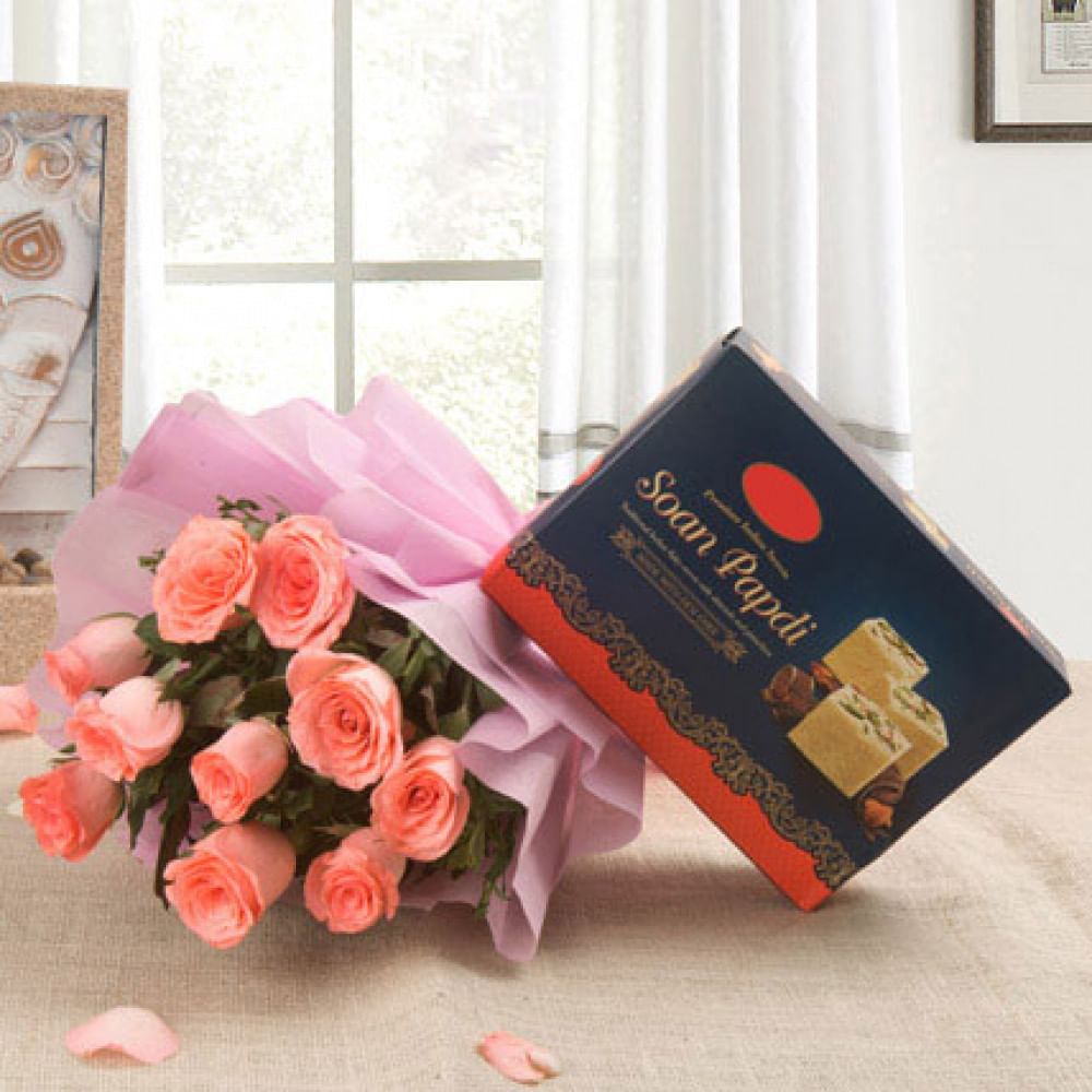 Pink Roses With Soan Papdi Sweets