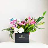 White Carnations and Pink Lilies in a Black Premium Box
