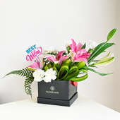 White Carnations and Pink Lilies in a Black Premium Box
