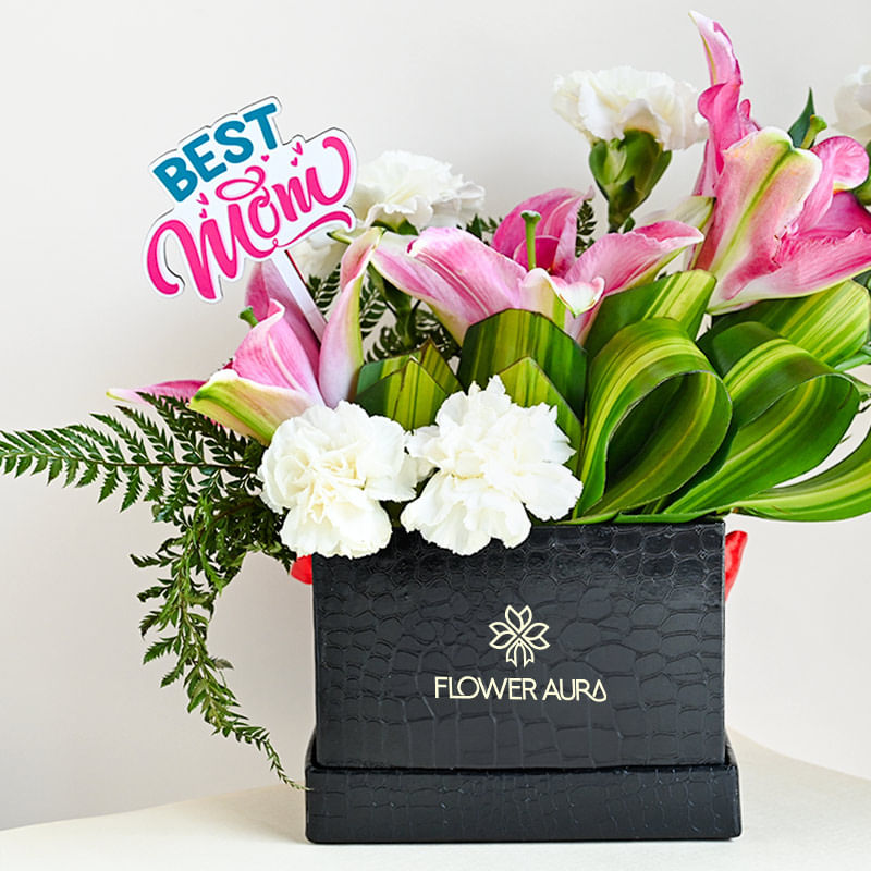 White Carnations and Pink Lilies in a Black Premium Box