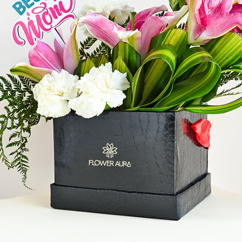 White Carnations and Pink Lilies in a Black Premium Box