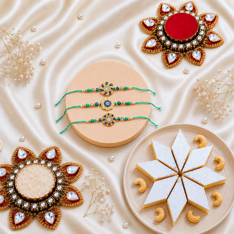 Floral Trio Rakhi With Kaju Katli