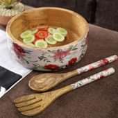 Floral Wooden Salad Bowl With Servers