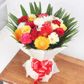 9 Mixed Carnations 4 Red & Yellow Roses and 9 Mixed Gerberas with Closed View