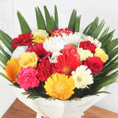 9 Mixed Carnations 4 Red & Yellow Roses and 9 Mixed Gerberas with Zoomed in View
