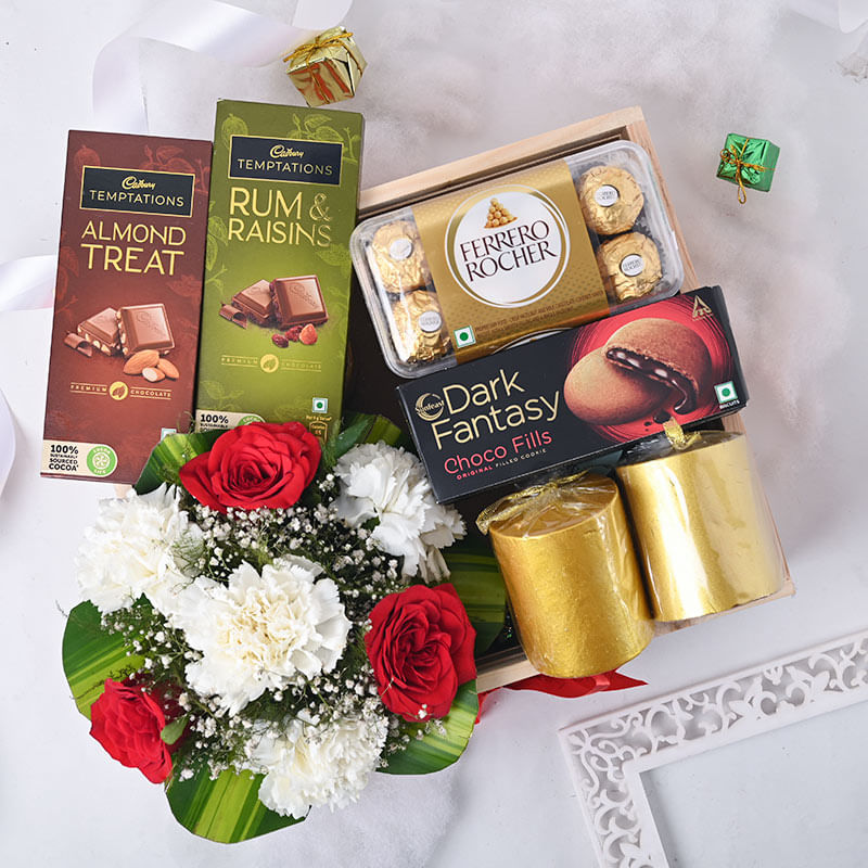 Valentines Flowers N Chocolates Festive Hamper