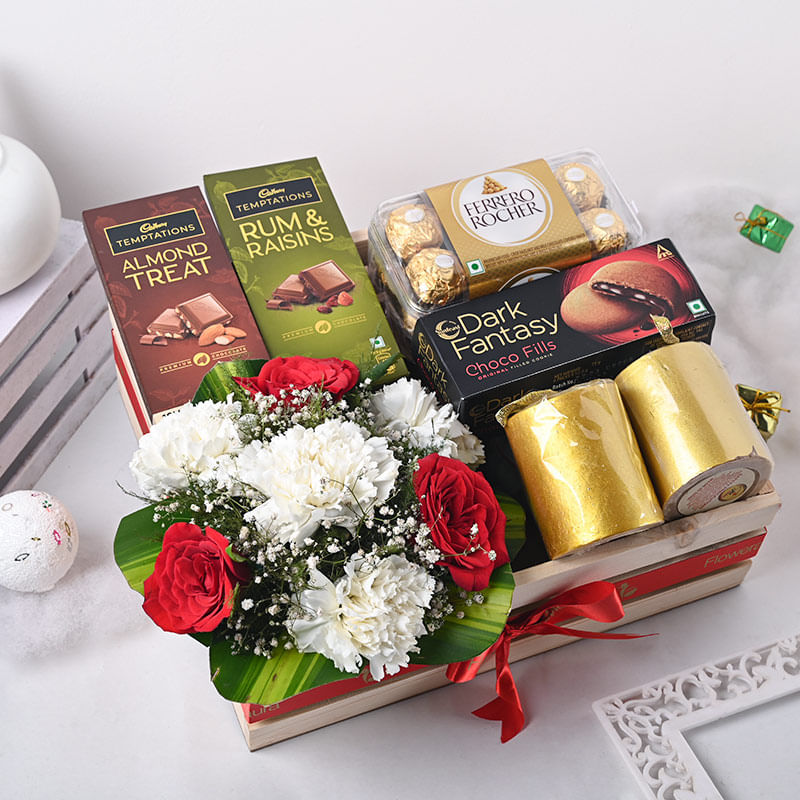 Valentines Flowers N Chocolates Festive Hamper