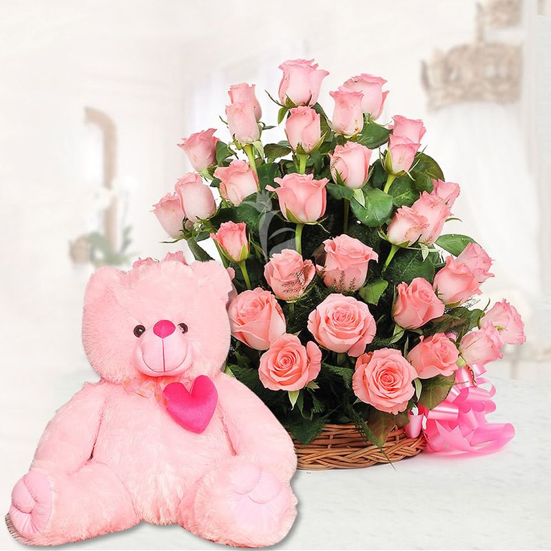 Fluffy Ted N Rose Combo - 22 Inch Teddy with Arrangement of 30 Pink Roses in a Basket