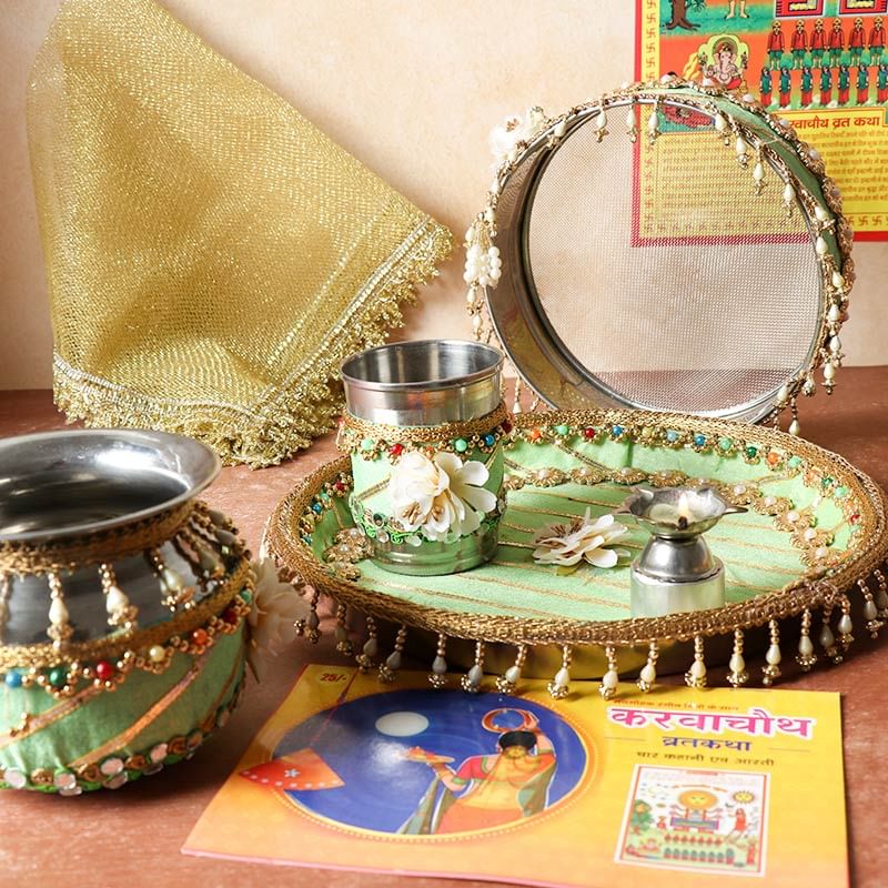 Fluorescent Green Karwa Chauth Thali Set Online