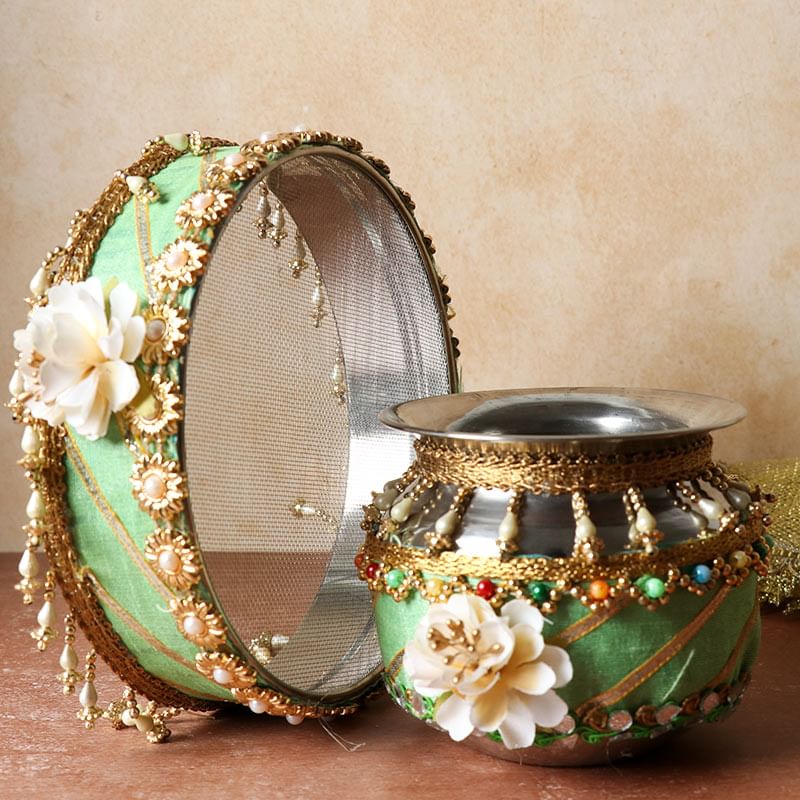 Order Fluorescent Green Karwa Chauth Thali Set