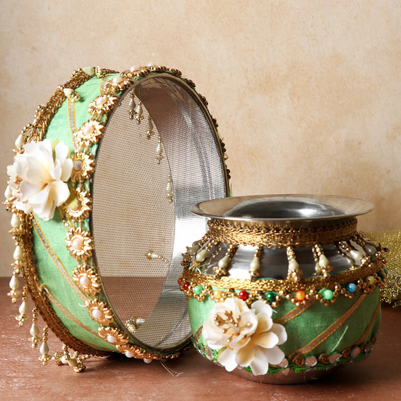 Order Fluorescent Green Karwa Chauth Thali Set
