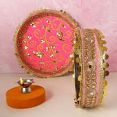Buy Fluorescent Pink Karwa Chauth Thali Set