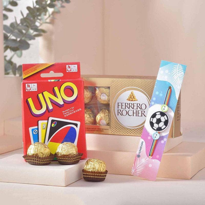 Football Rakhi with UNO n Ferrero Rocher