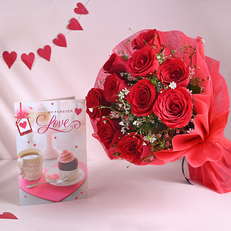 Forever Love Combo: Bunch of red roses with love Greeting Card