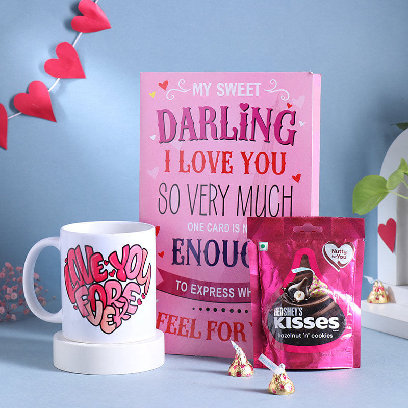 Forever Love Mug With Greeting Card and Hershey's kisses Chocolate Gift Box