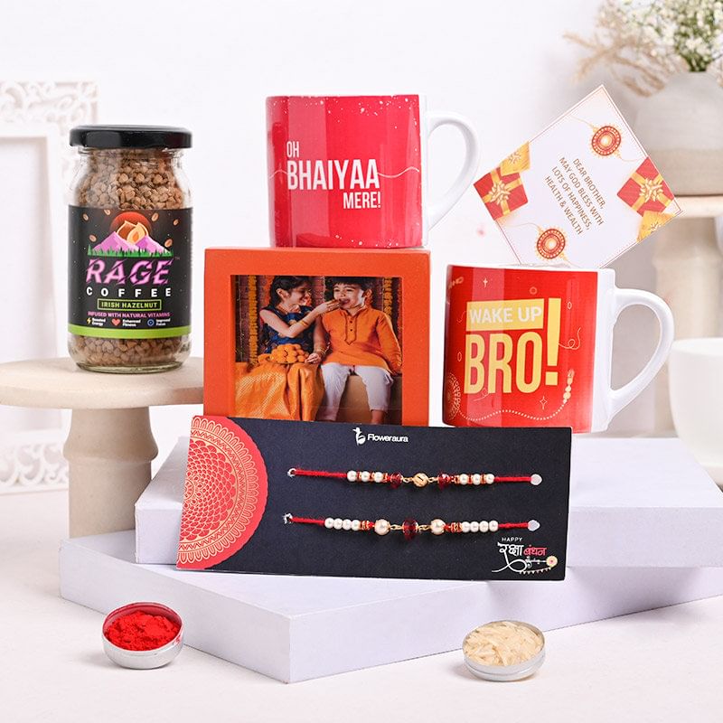 Send Frame Coffee N Two Mugs With Two Beads Rakhi in India - Personalised Rakhi with photo frame