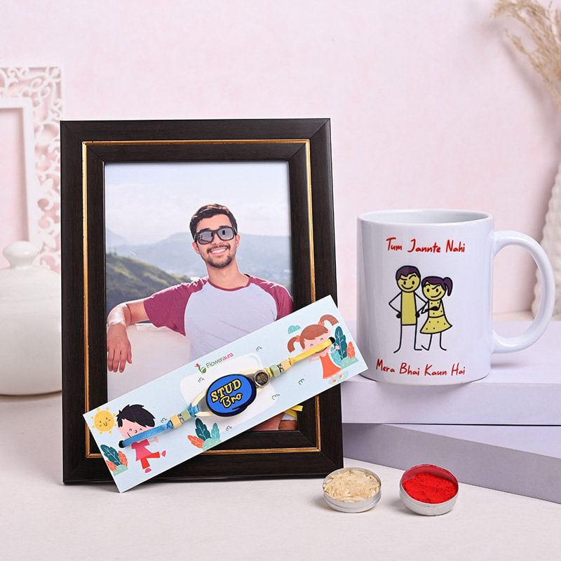 Send Frame N Mug With Stud Bro Rakhi in India - Personalised Rakhi Online
