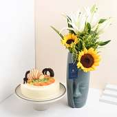 Fruit Cake With Sunflower N Lilies In Vase
