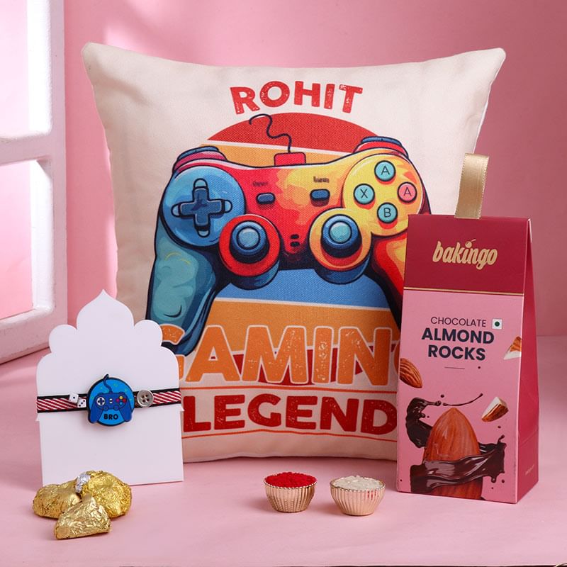 Gamer Bro Rakhi With Personalised Cushion N Almond Rocks