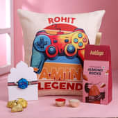 Gamer Bro Rakhi With Personalised Cushion N Almond Rocks