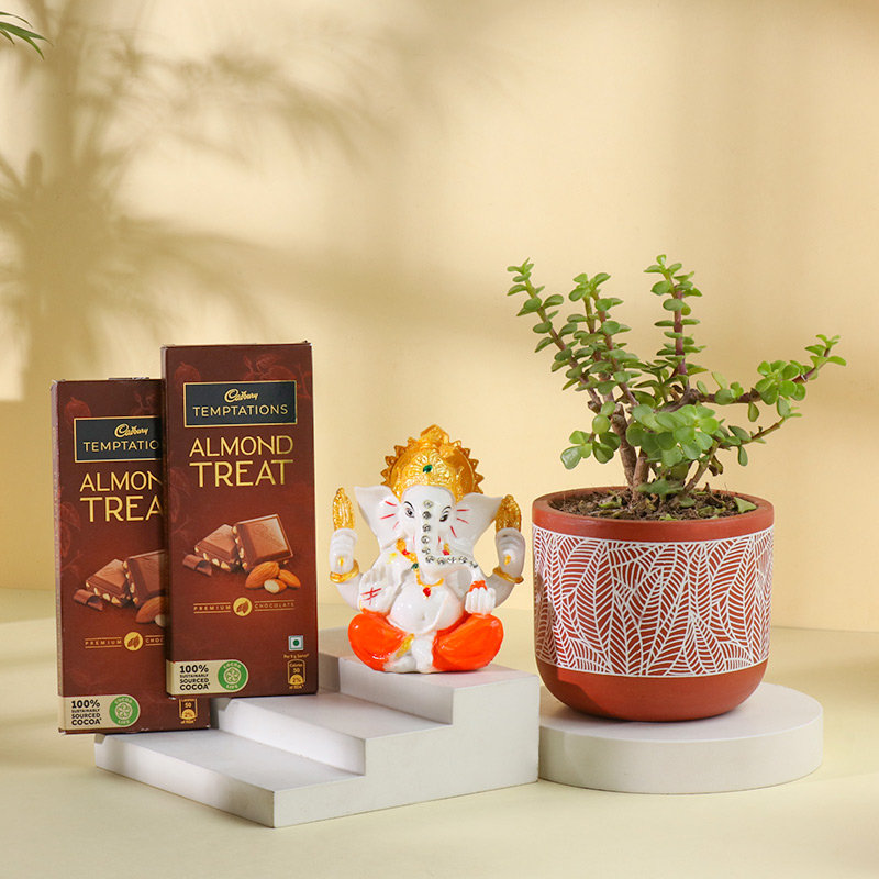 Ganesh Idol With Jade Plant N Temptation Chocolates