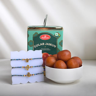 Ganesha Om N Trishul Damru Rakhis with Haldiram Gulab Jamun