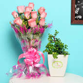 Generous Jade Rose Combo - Succulent and Cactus Plant Outdoors in FlowerAura Chatura Vase with Bunch of 10 Pink Roses